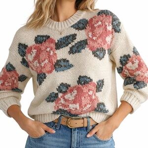 Mexx Sweater 100% Cotton Floral Motifs Jacquard 80s 90s MultiColor Pink Cream S